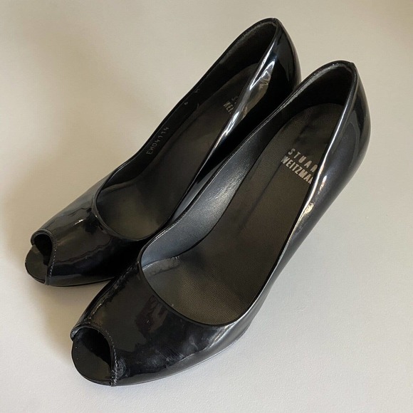 Stuart Weitzman Peep Toe Pump Patent Leather Black Slim Heel Slip On 6 M… - Picture 7 of 8